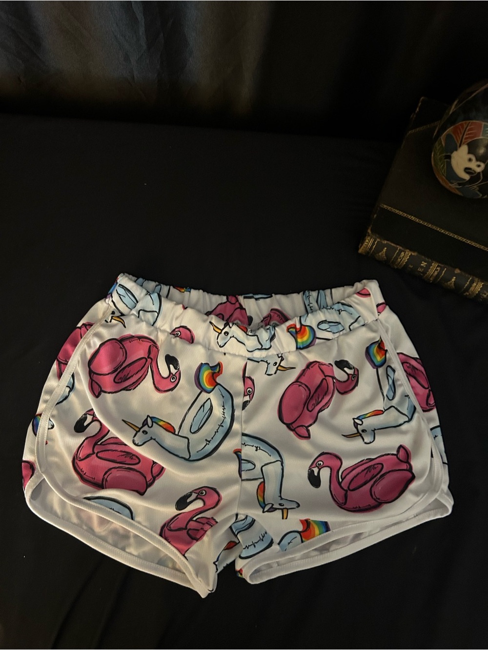 White Athletic Shorts with Pink Flamingo & Blue Unicorn Float Prints
